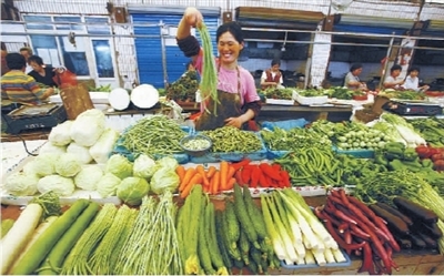 图为上海康乐菜市场的一位摊主在摆放蔬菜.