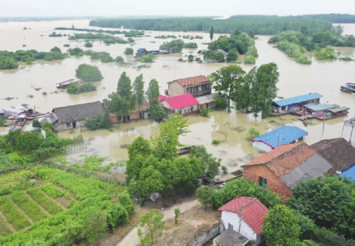 7月11日,在沅江市琼湖街道莲花岛村,洪水淹没了部分房屋和土地(无